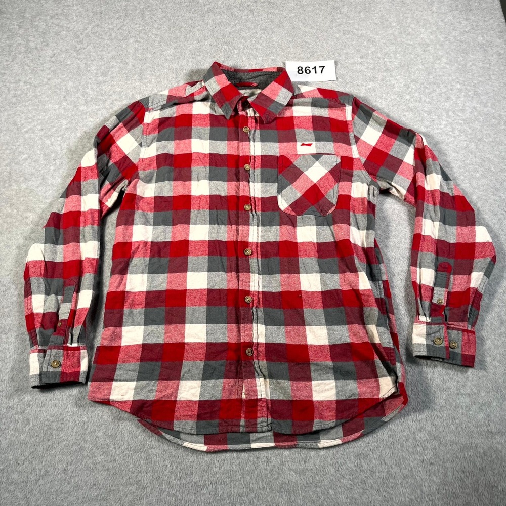 Weatherproof Vintage Flannel Shirt Mens Medium Red Gray Plaid Collar Button Down